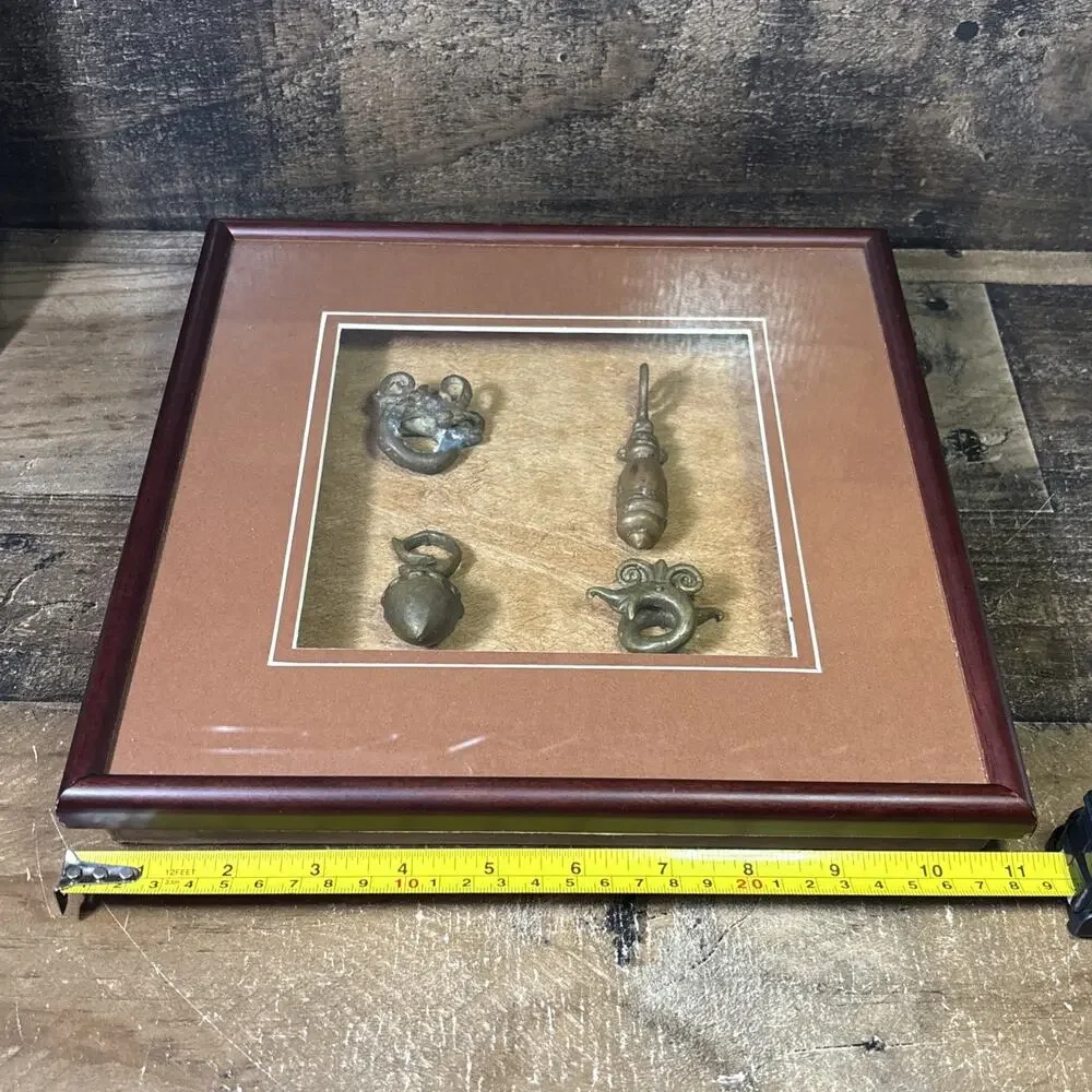 Antique Brass Tribal Dayak Ear Weights Collection Shadowbox Frame Wall Decor